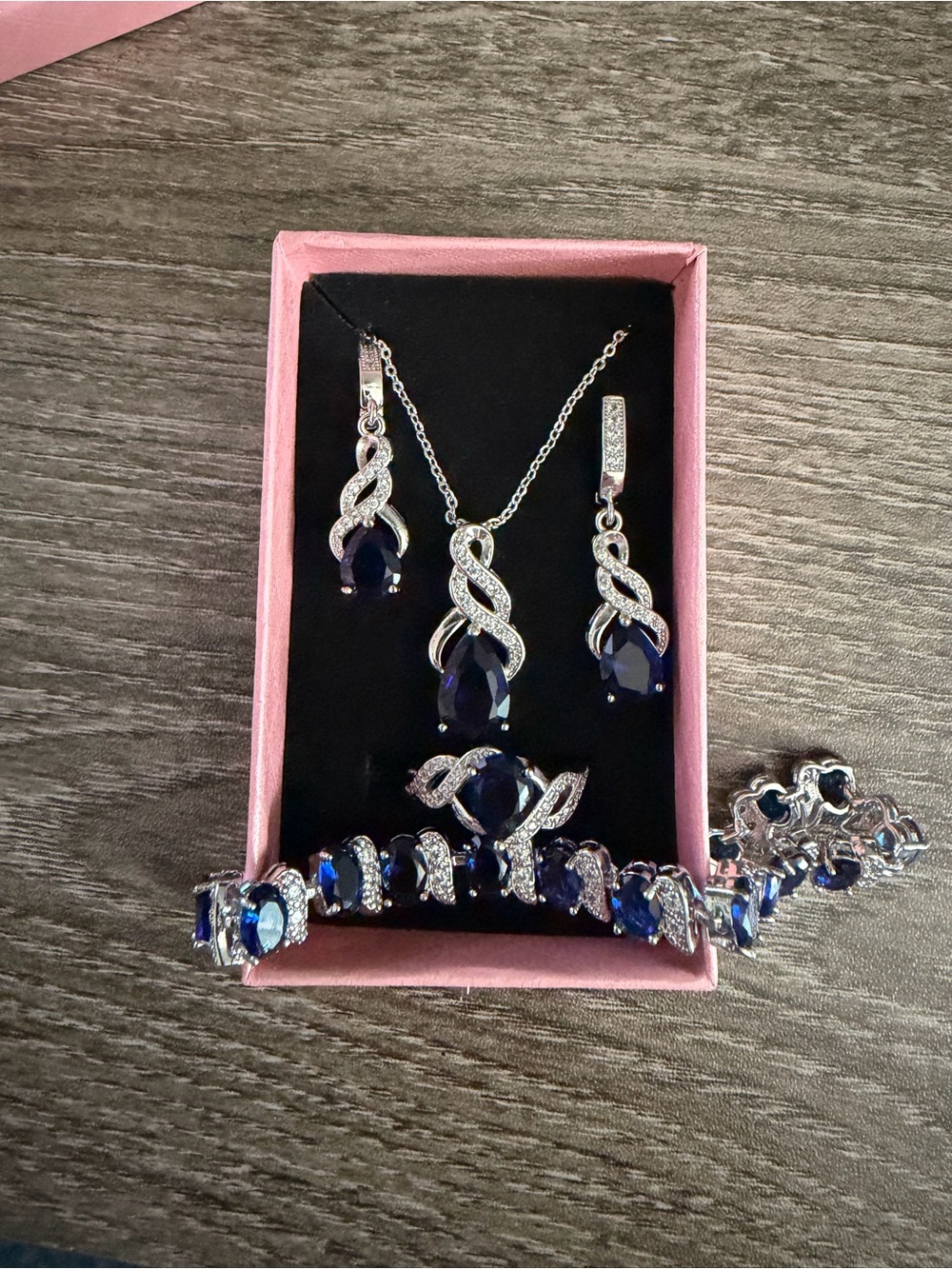 Dark Blue & Silver 4 piece Jewelry Set-earrings +ring+necklace+bracelet